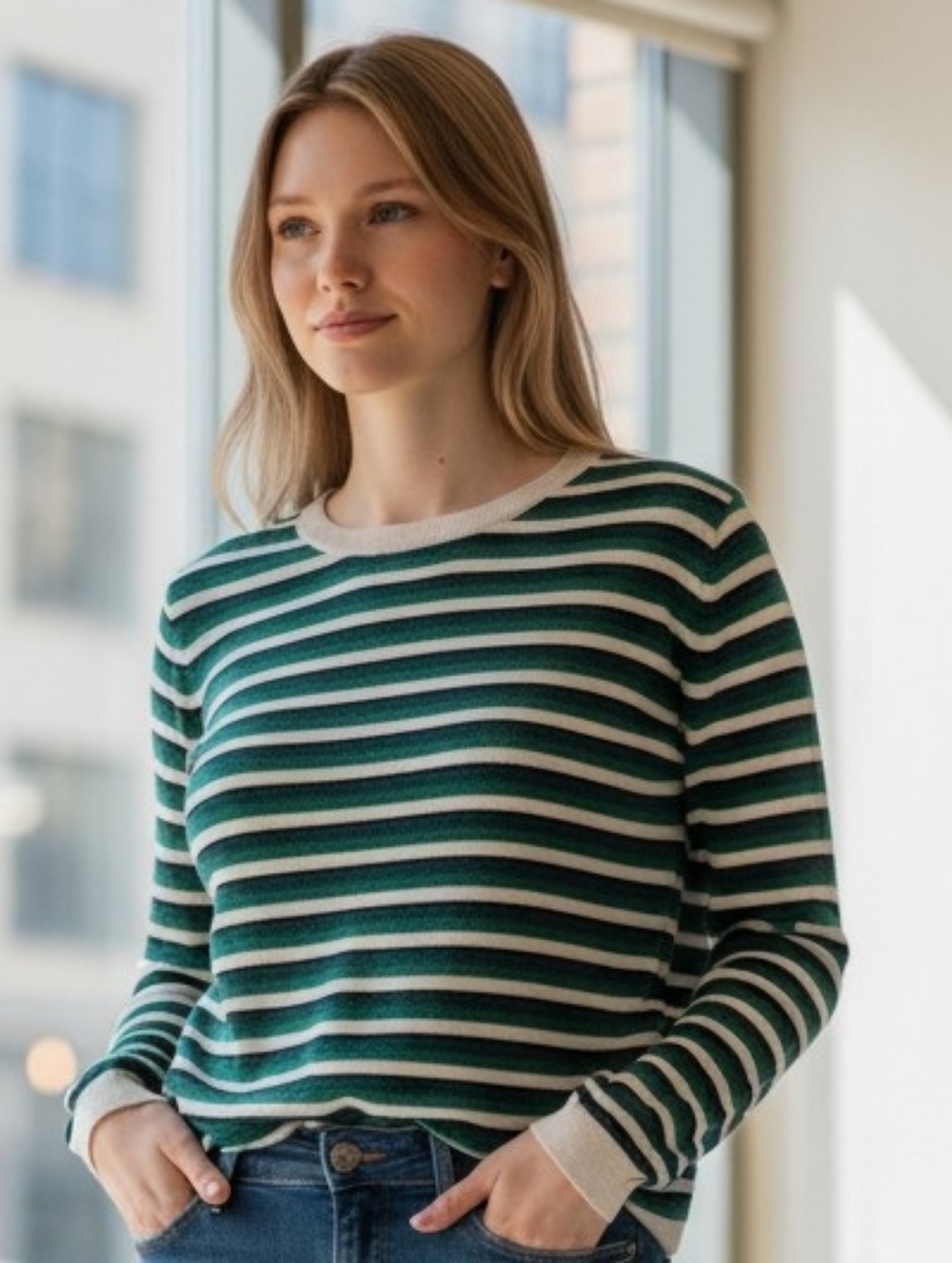 SUNCOO Paris Green and White  Little Sparkling Striped Crewneck Sweater